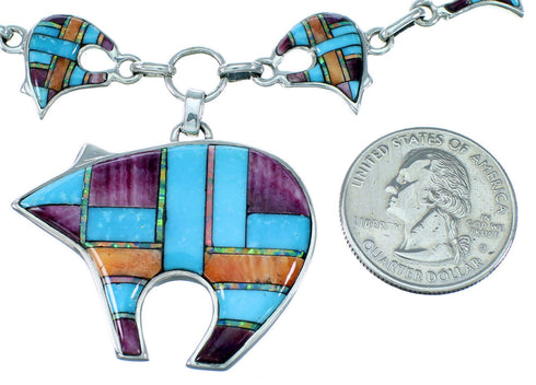 Turquoise Multicolor Sterling Silver Bear Link Necklace Set HS28660